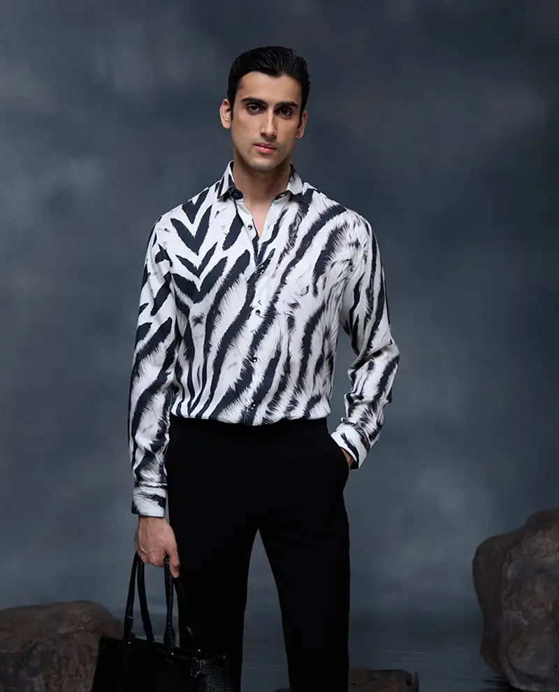 White and Black Zebra Stripes Print Slim Fit Shirt