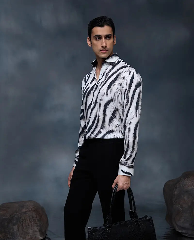 White and Black Zebra Stripes Print Slim Fit Shirt