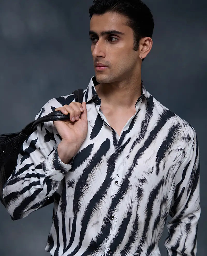 White and Black Zebra Stripes Print Slim Fit Shirt