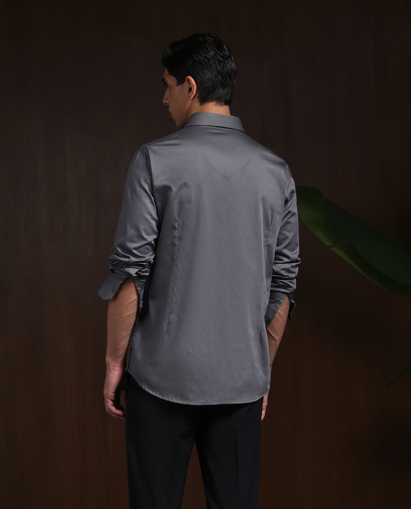 Dark Grey Slim Fit Cotton Shirt with Elegant Embroidery