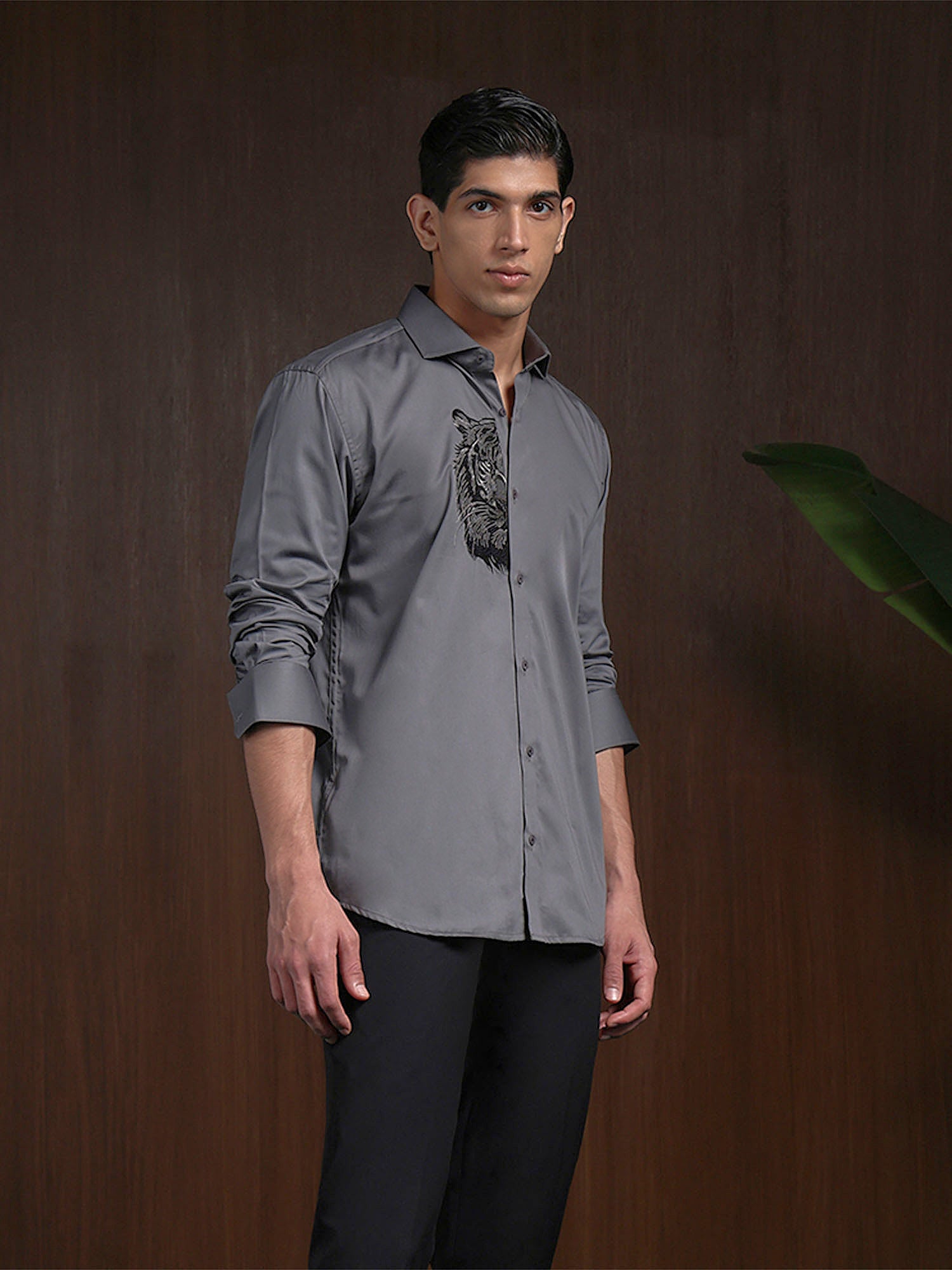 Dark Grey Slim Fit Cotton Shirt with Elegant Embroidery