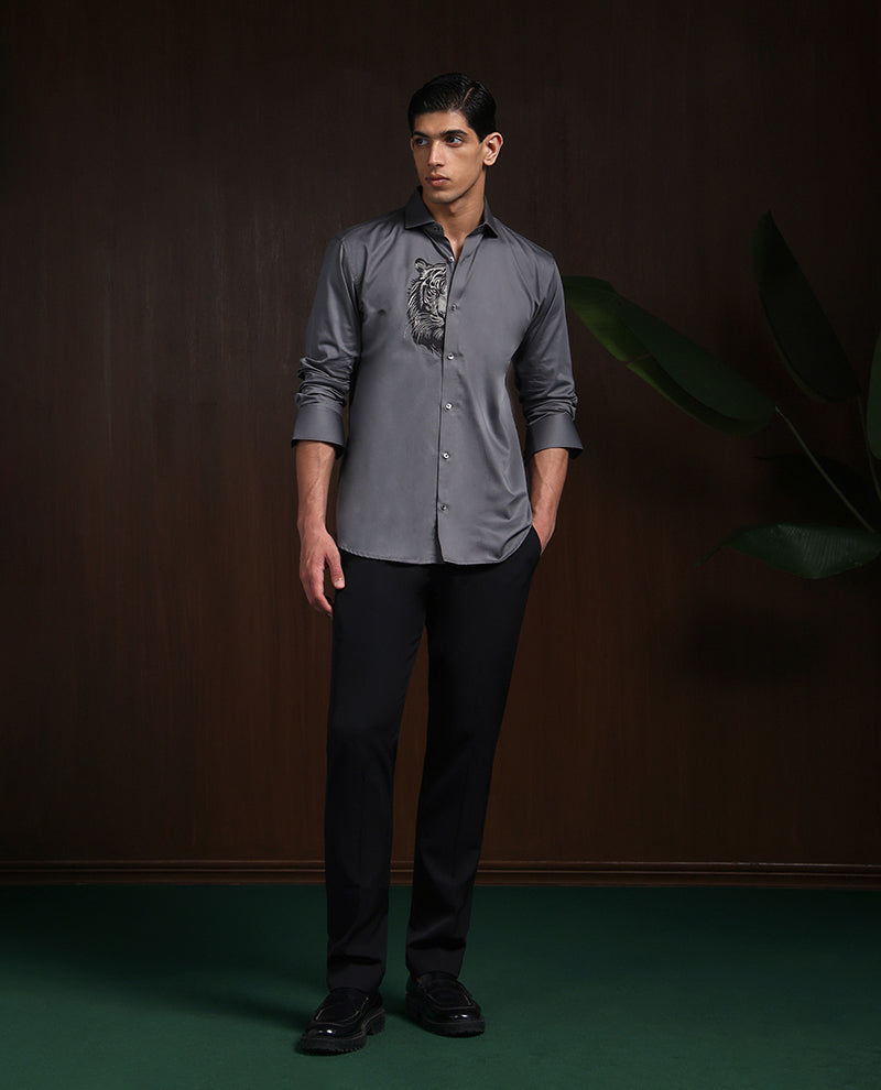 Dark Grey Slim Fit Cotton Shirt with Elegant Embroidery