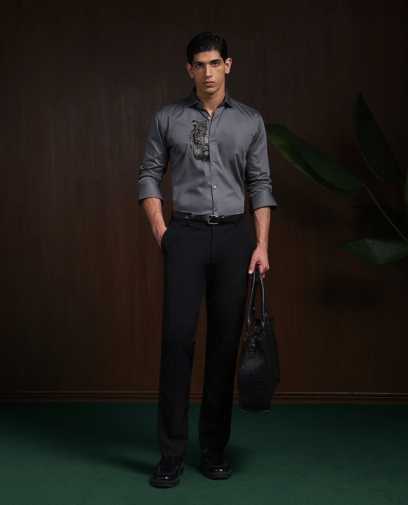 Dark Grey Slim Fit Cotton Shirt with Elegant Embroidery