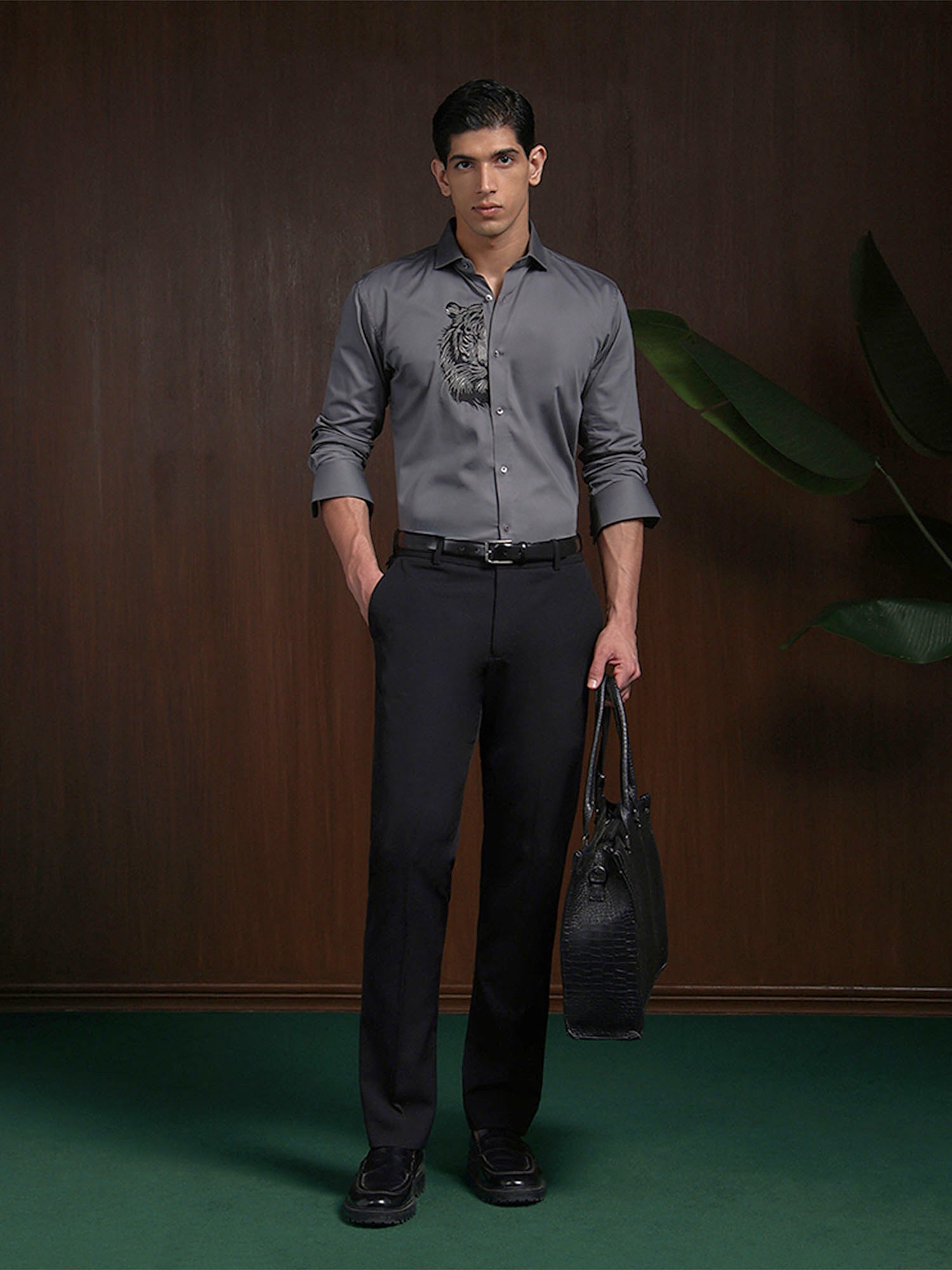 Dark Grey Slim Fit Cotton Shirt with Elegant Embroidery
