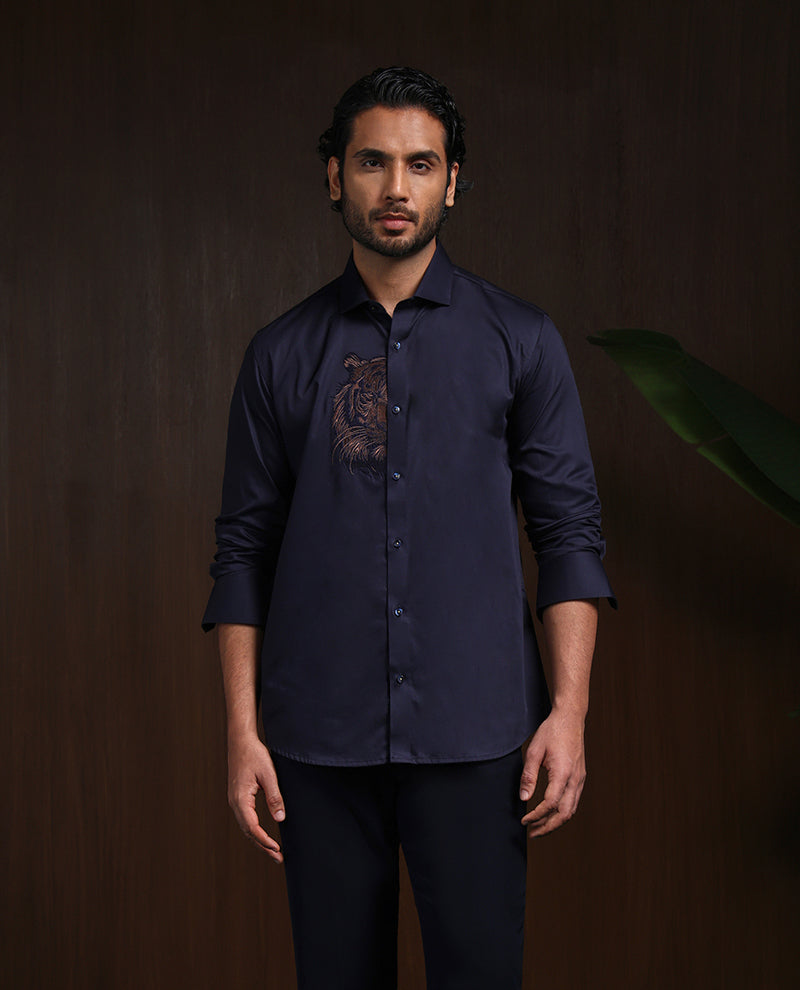 Navy Blue Motif Embroidered Premium Cotton Slim Fit Shirt