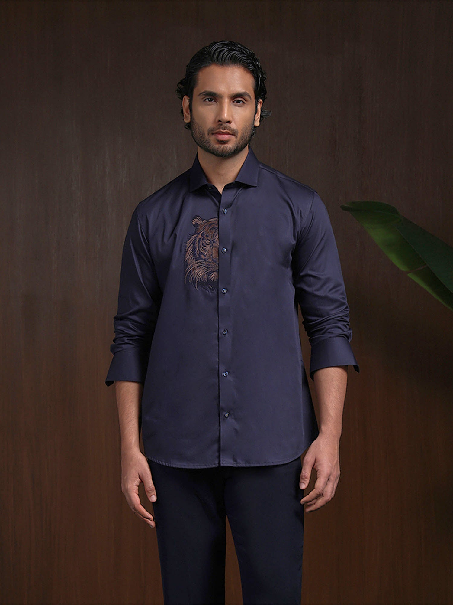 Navy Blue Motif Embroidered Premium Cotton Slim Fit Shirt