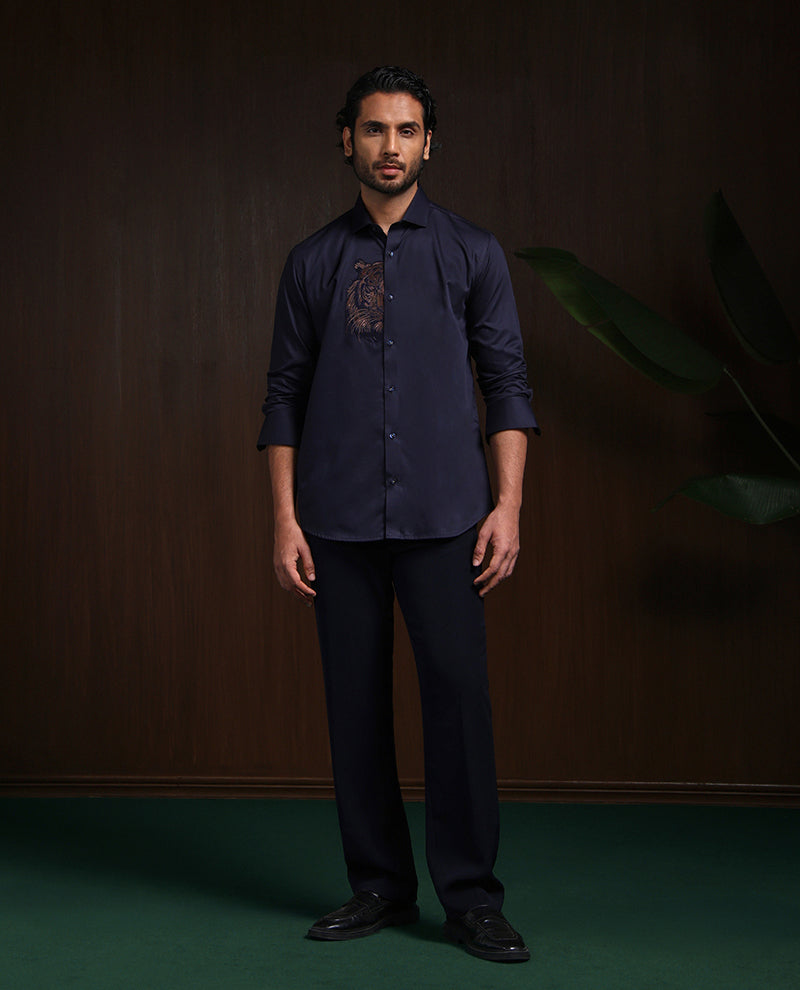 Navy Blue Motif Embroidered Premium Cotton Slim Fit Shirt