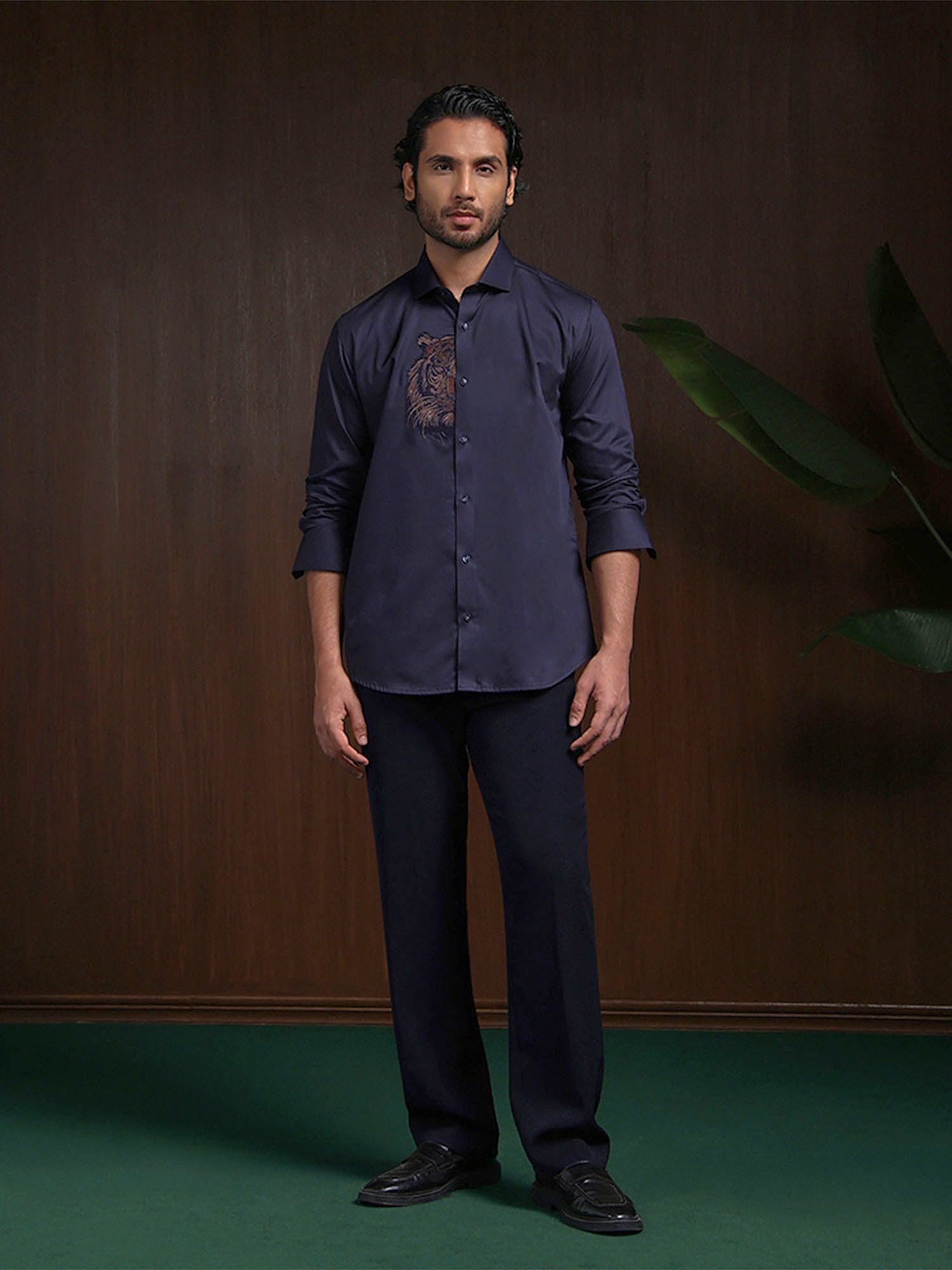 Navy Blue Motif Embroidered Premium Cotton Slim Fit Shirt