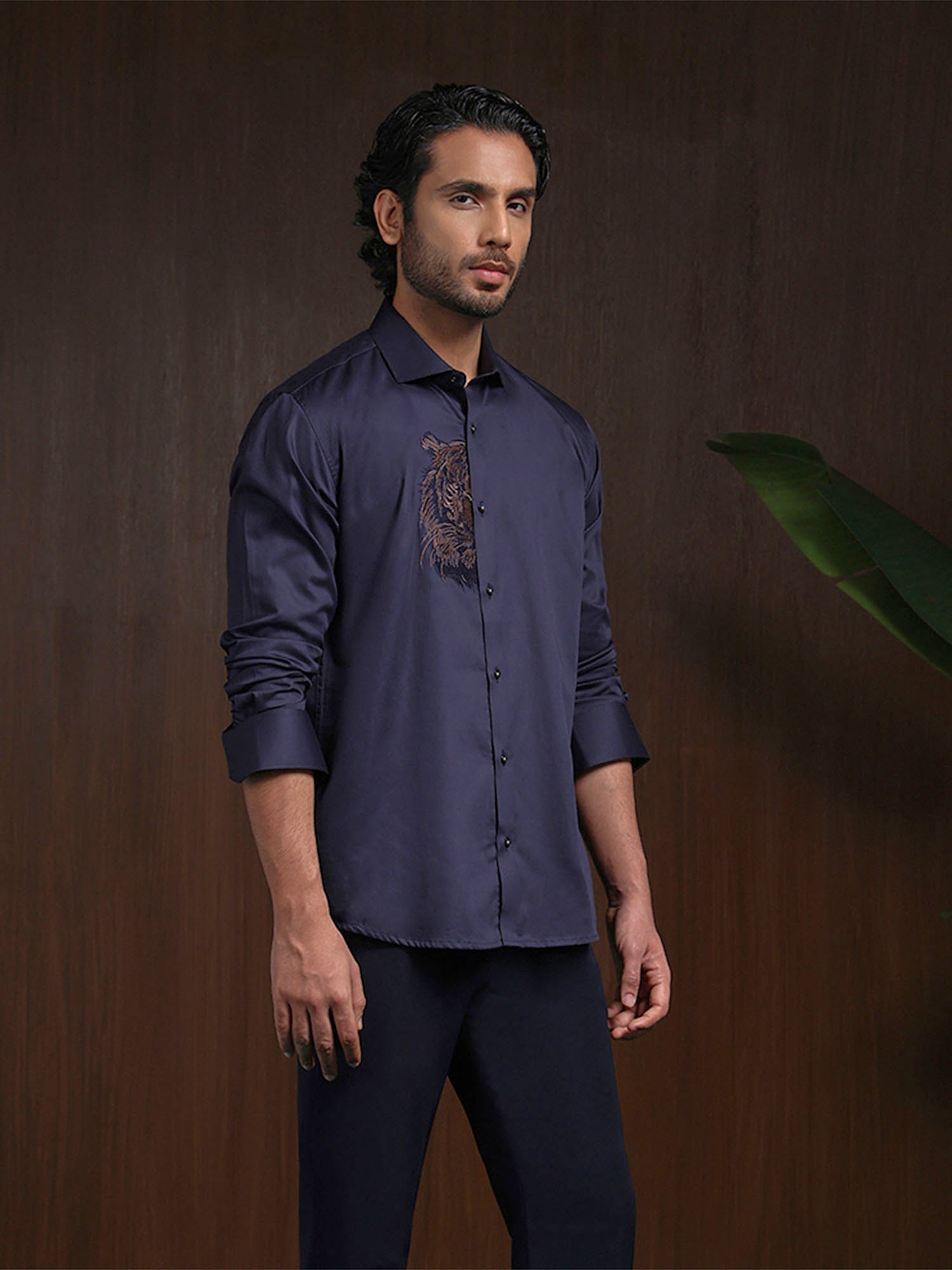 Navy Blue Motif Embroidered Premium Cotton Slim Fit Shirt