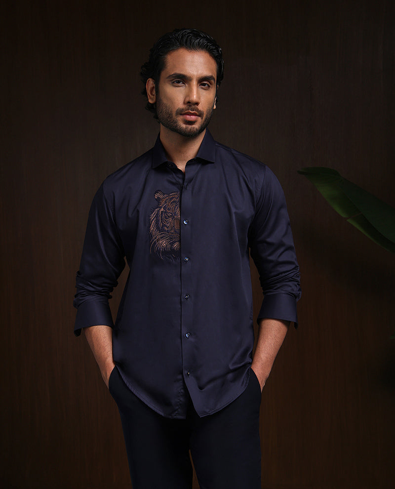 Navy Blue Motif Embroidered Premium Cotton Slim Fit Shirt
