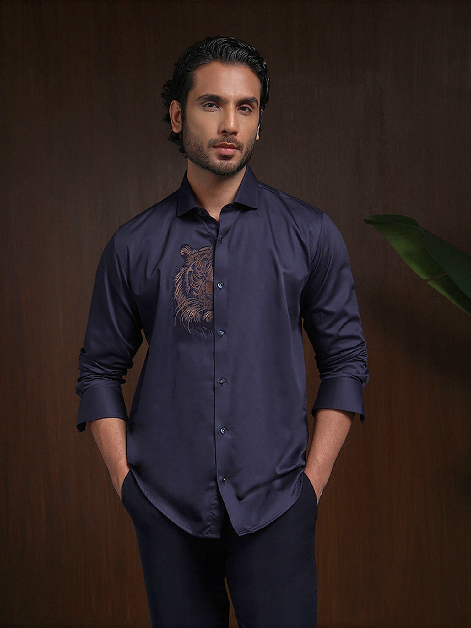 Navy Blue Motif Embroidered Premium Cotton Slim Fit Shirt