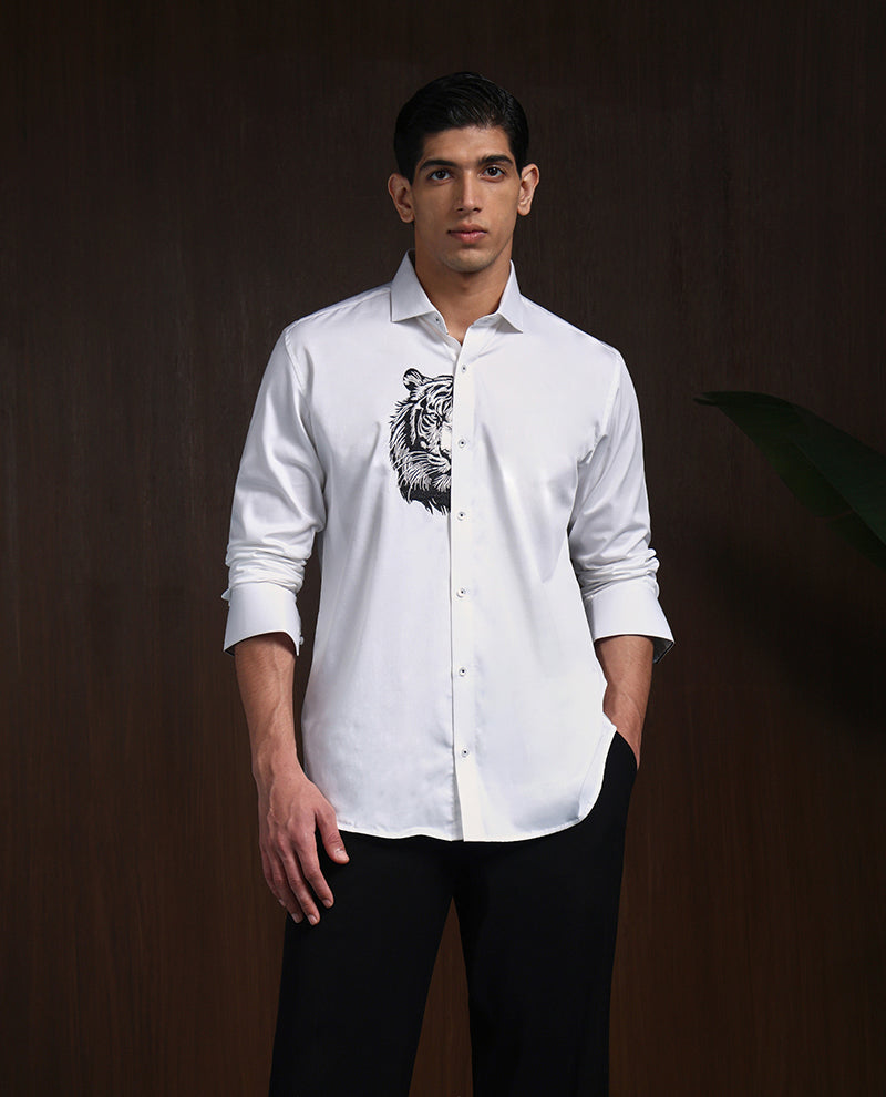 White Slim Fit Cotton Shirt with Refined Embroidery Detailing