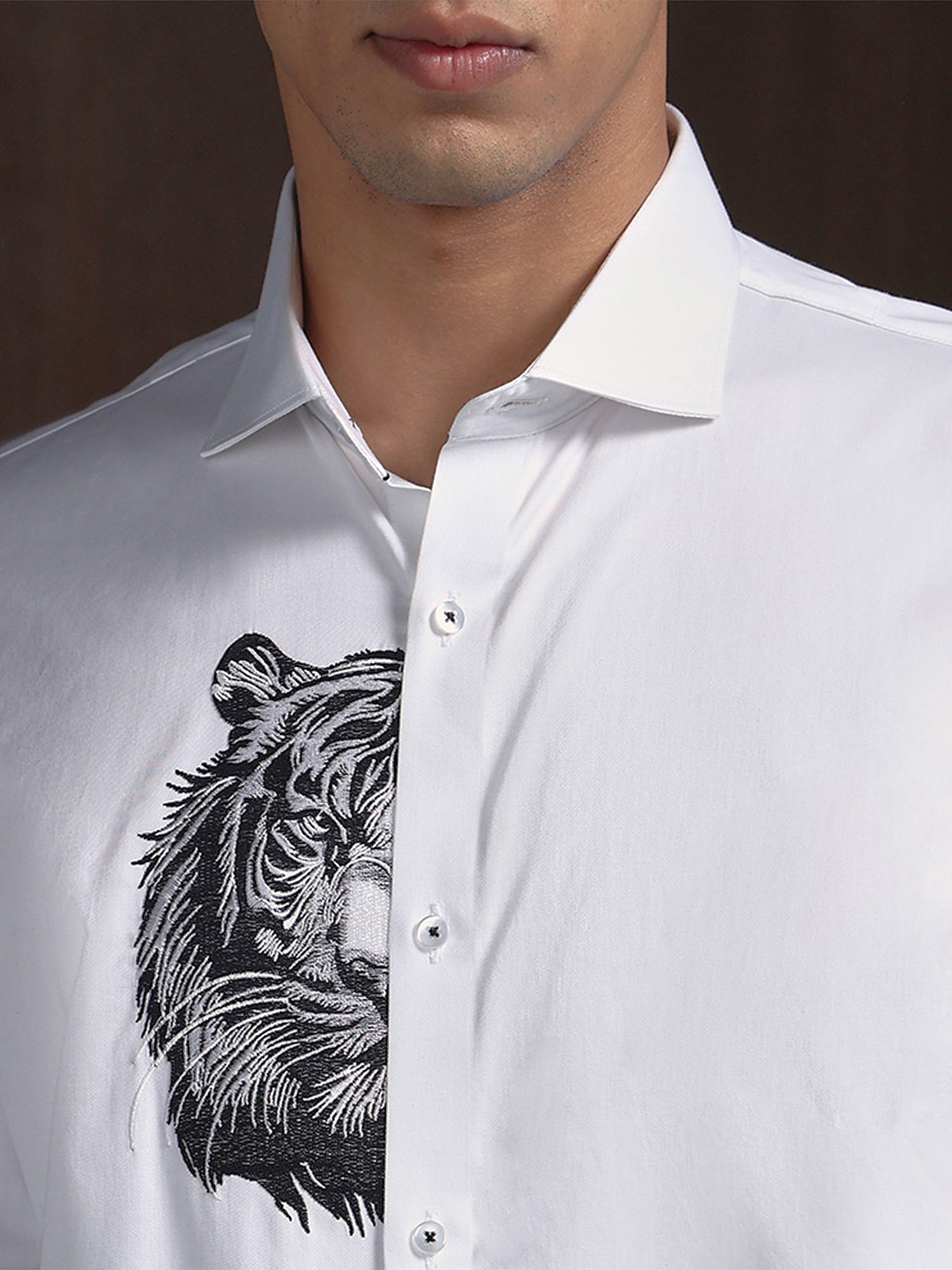 White Slim Fit Cotton Shirt with Refined Embroidery Detailing
