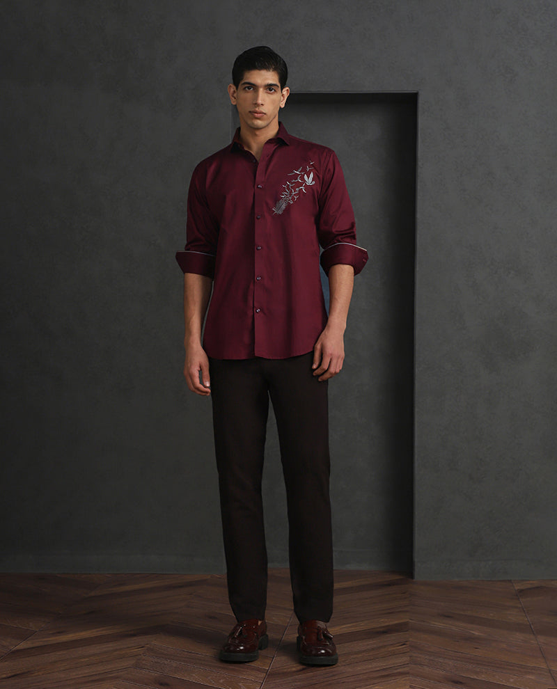 Maroon Slim Fit Cotton Shirt with Distinctive Embroideried Style