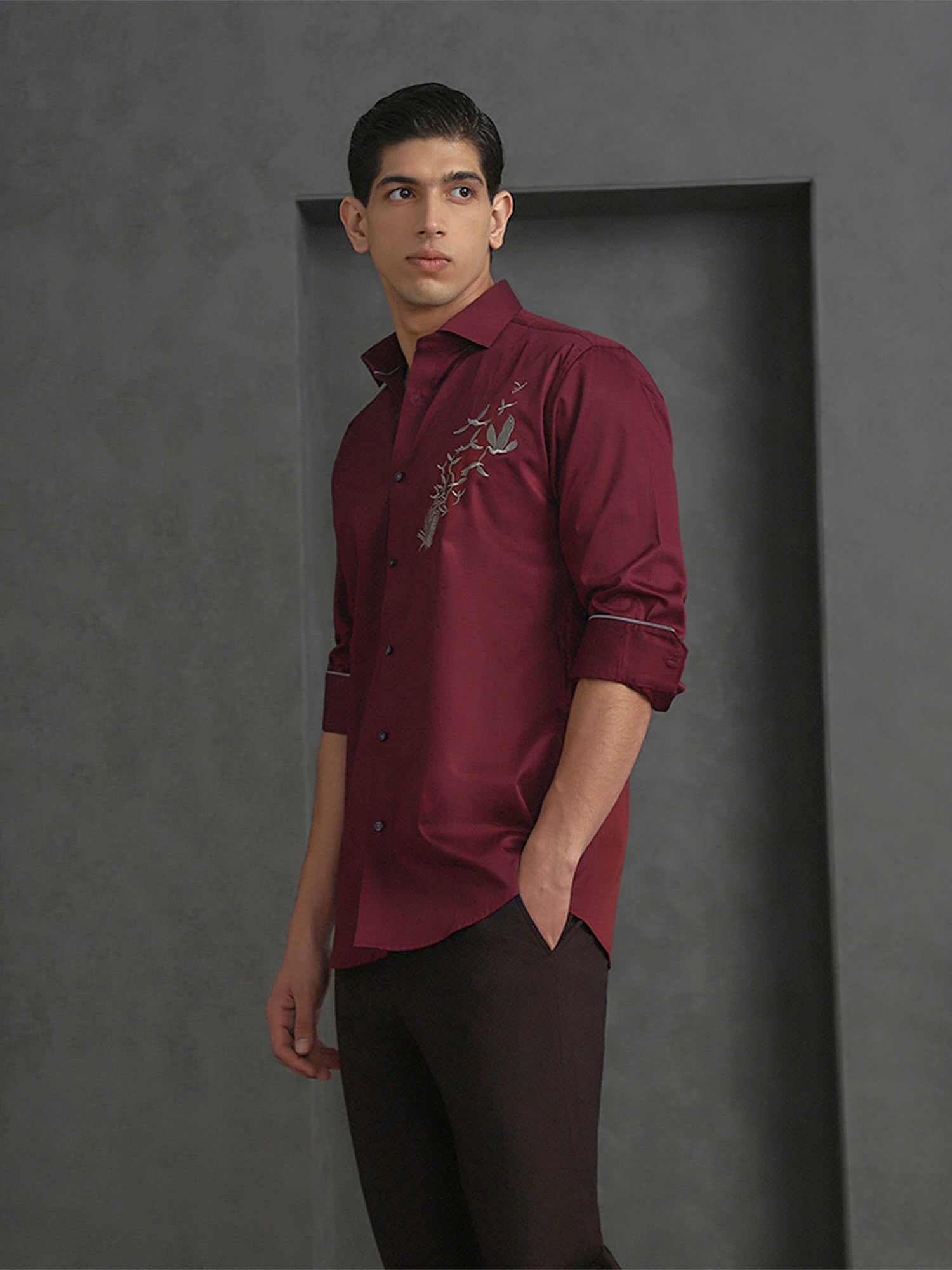 Maroon Slim Fit Cotton Shirt with Distinctive Embroideried Style