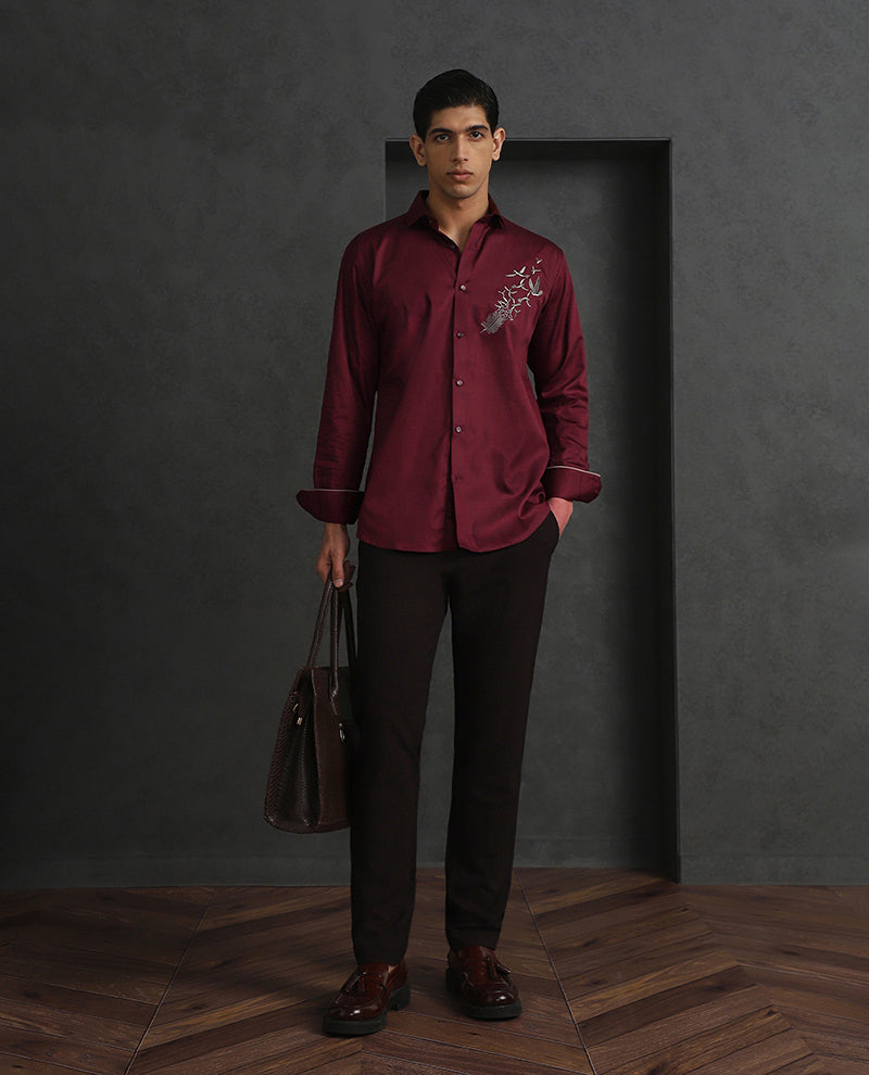 Maroon Slim Fit Cotton Shirt with Distinctive Embroideried Style
