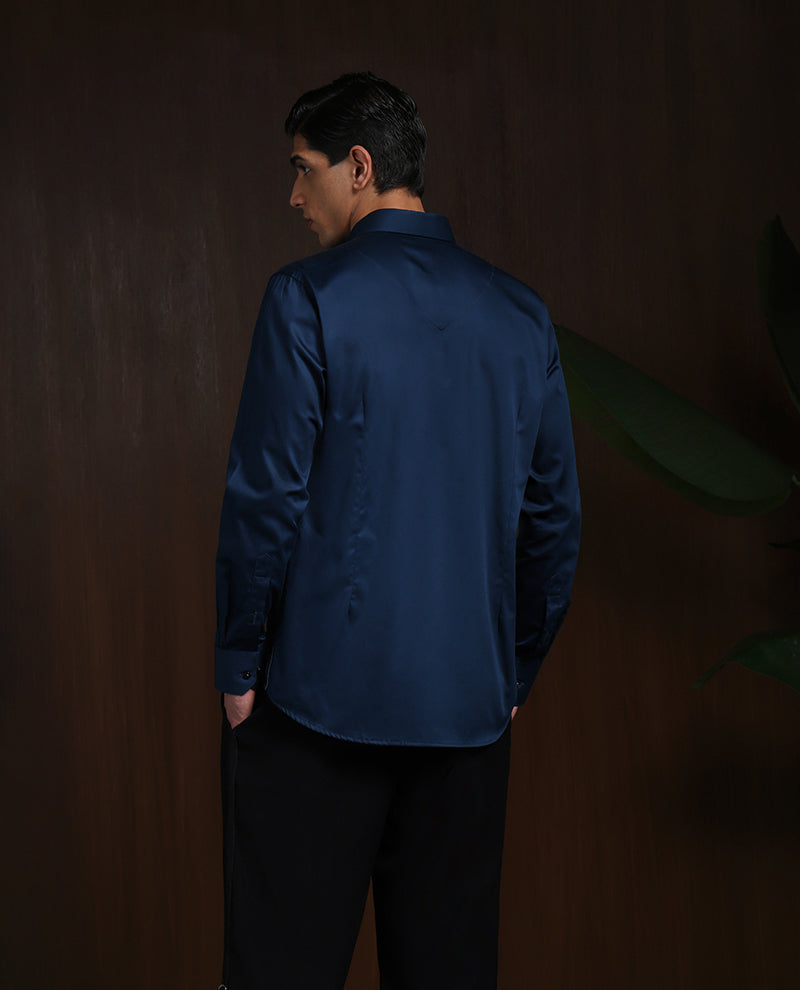 Navy Blue Slim Fit Cotton Shirt with Bold Contemporary Embroidery