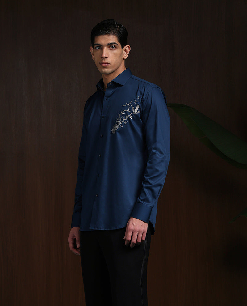 Navy Blue Slim Fit Cotton Shirt with Bold Contemporary Embroidery