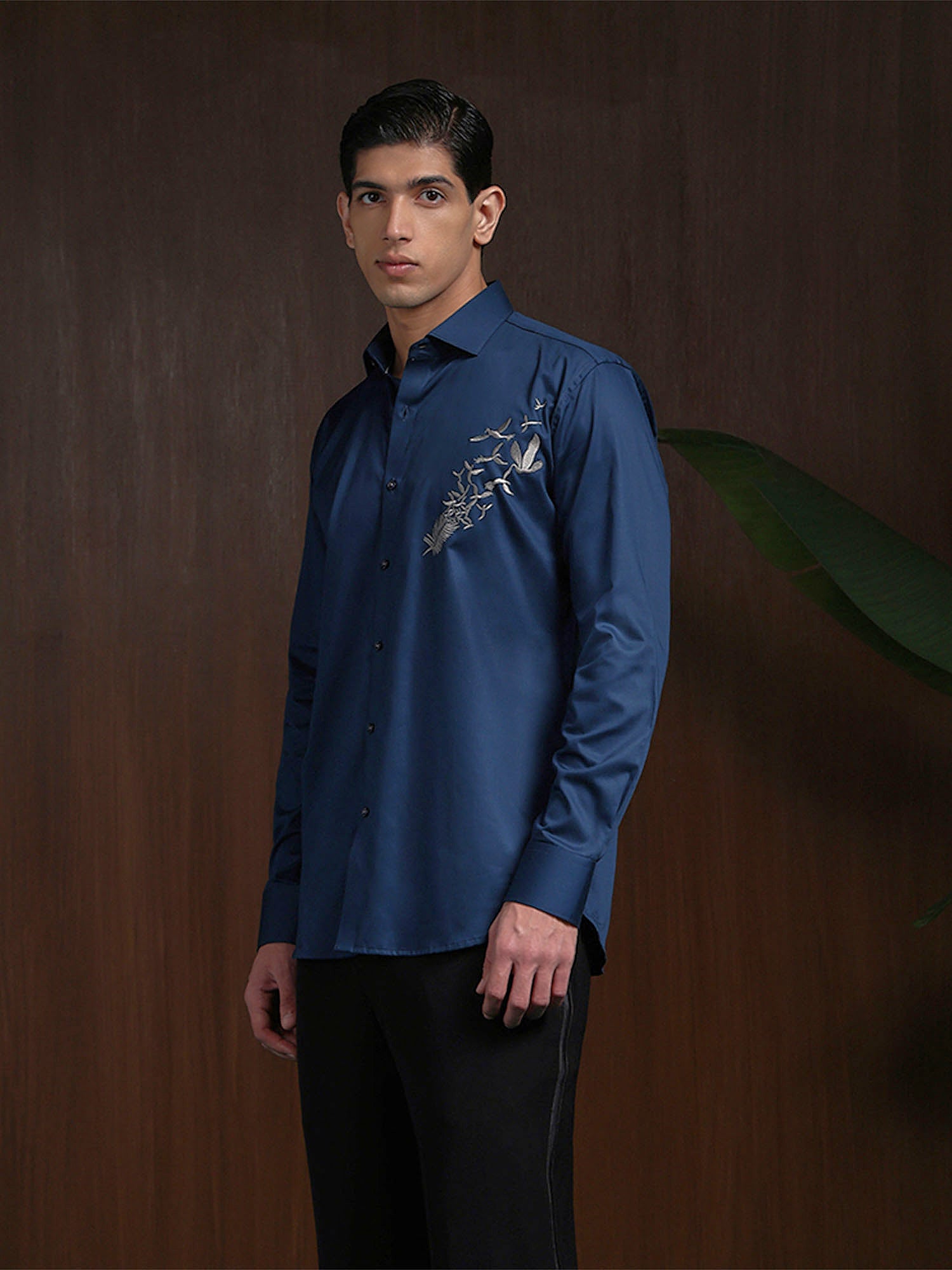 Navy Blue Slim Fit Cotton Shirt with Bold Contemporary Embroidery
