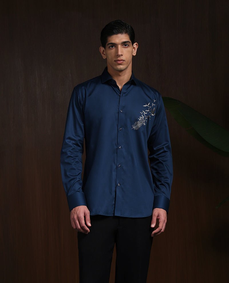 Navy Blue Slim Fit Cotton Shirt with Bold Contemporary Embroidery