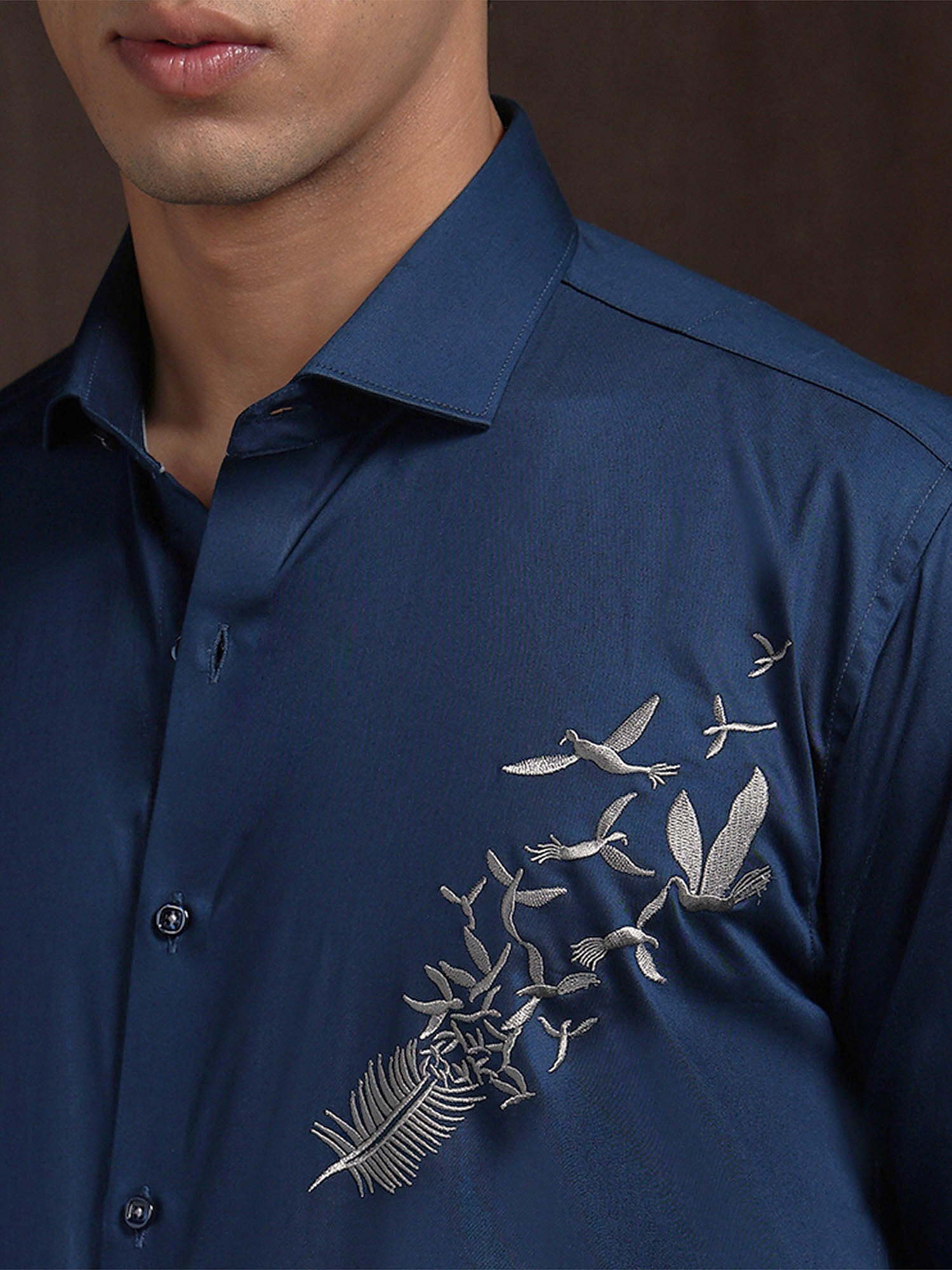 Navy Blue Slim Fit Cotton Shirt with Bold Contemporary Embroidery