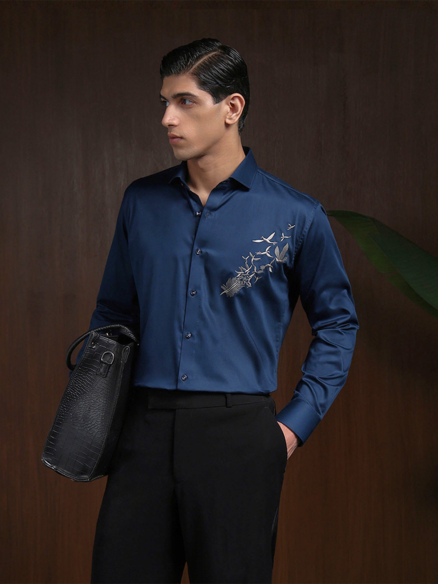 Navy Blue Slim Fit Cotton Shirt with Bold Contemporary Embroidery