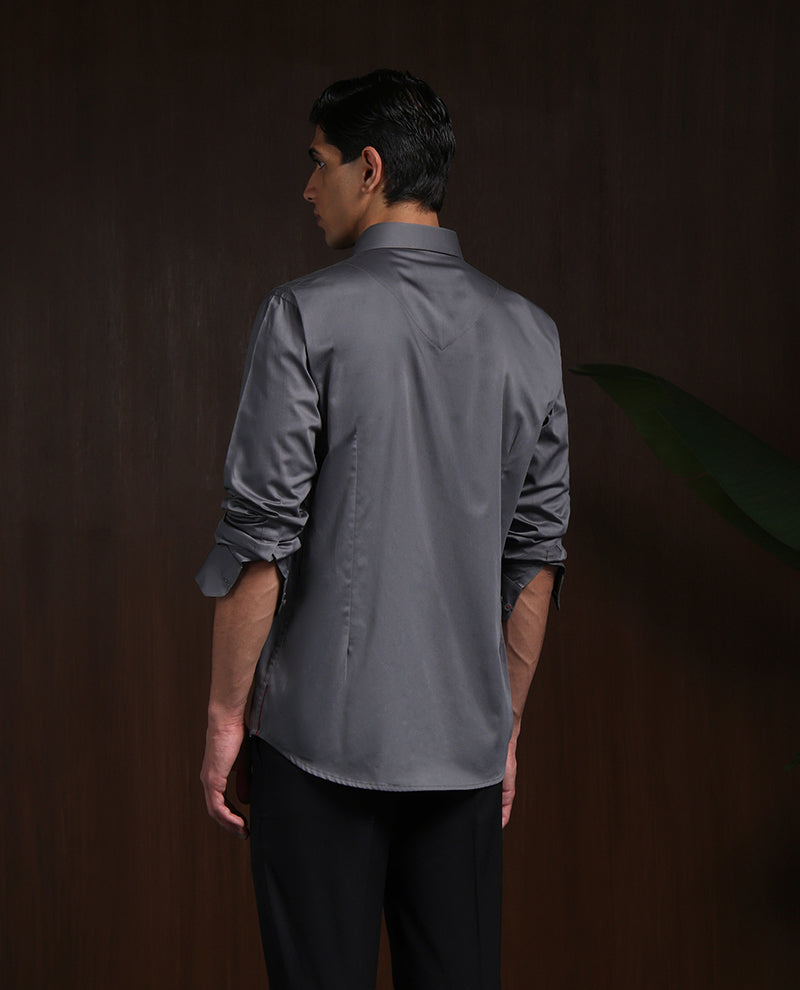 Dark Grey Slim Fit Cotton Shirt with Sophisticated Embroidery