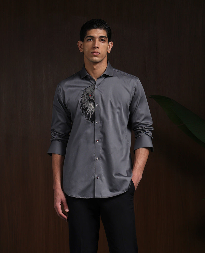 Dark Grey Slim Fit Cotton Shirt with Sophisticated Embroidery
