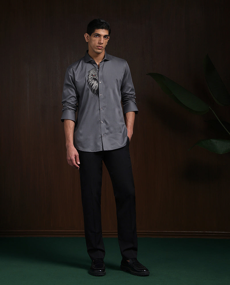 Dark Grey Slim Fit Cotton Shirt with Sophisticated Embroidery