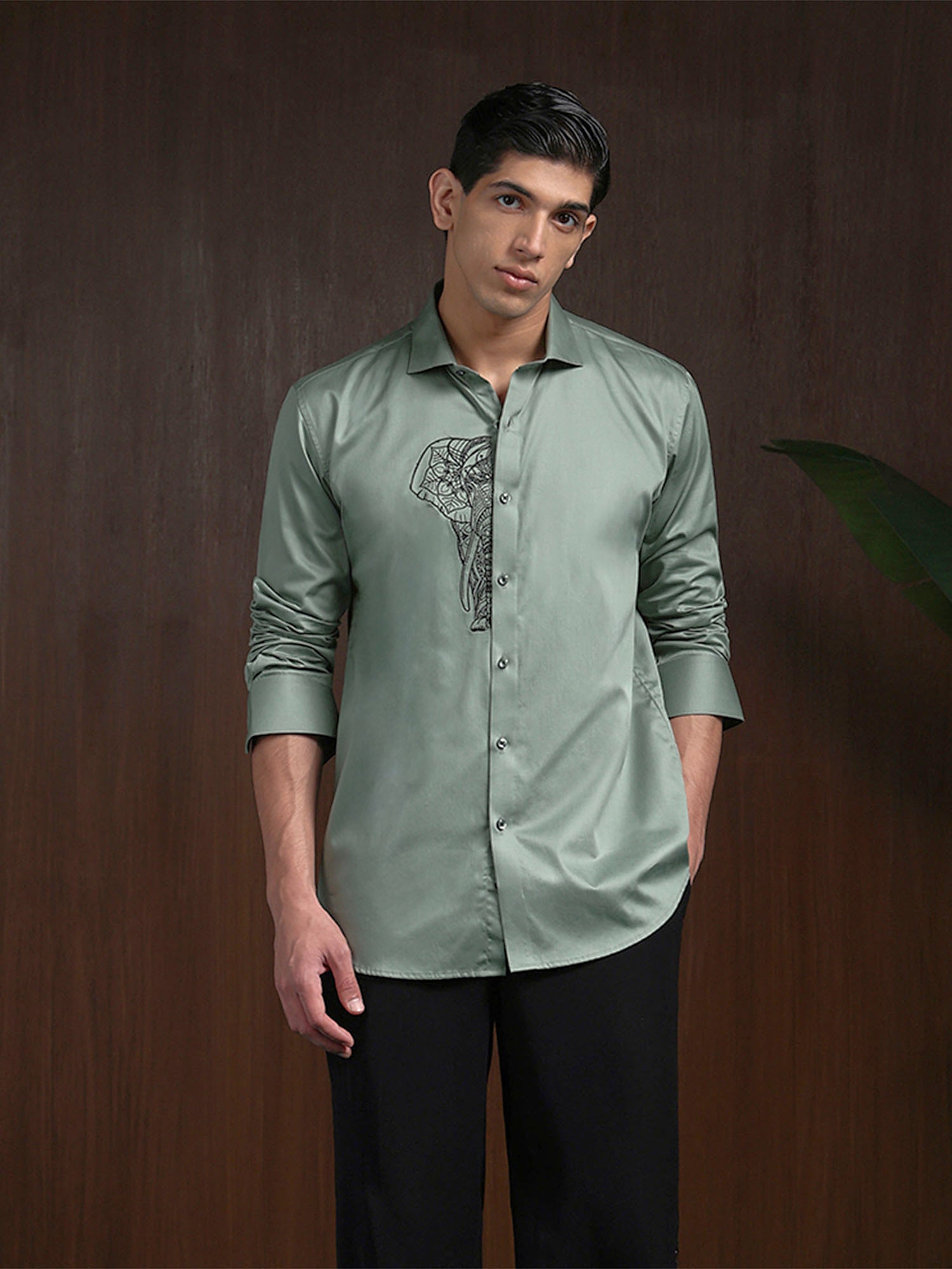 Pista Green Slim Fit Cotton Shirt with Refined Embroidery