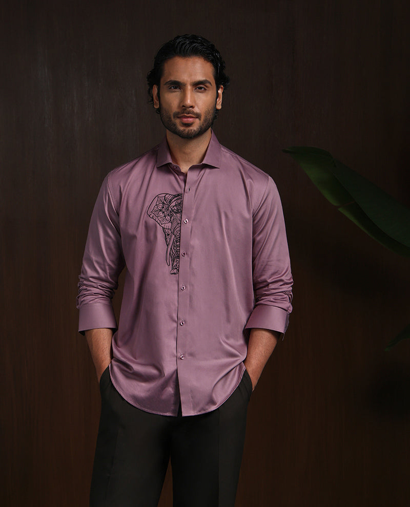 Dark Onion Slim Fit Cotton Shirt with Elegant Embroidery Accents