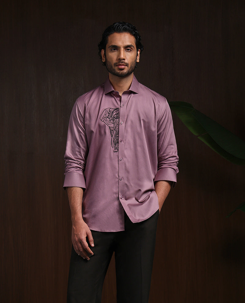 Dark Onion Slim Fit Cotton Shirt with Elegant Embroidery Accents