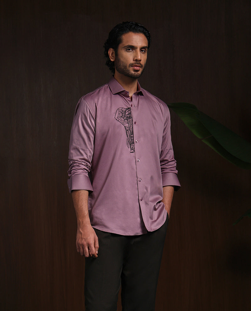 Dark Onion Slim Fit Cotton Shirt with Elegant Embroidery Accents