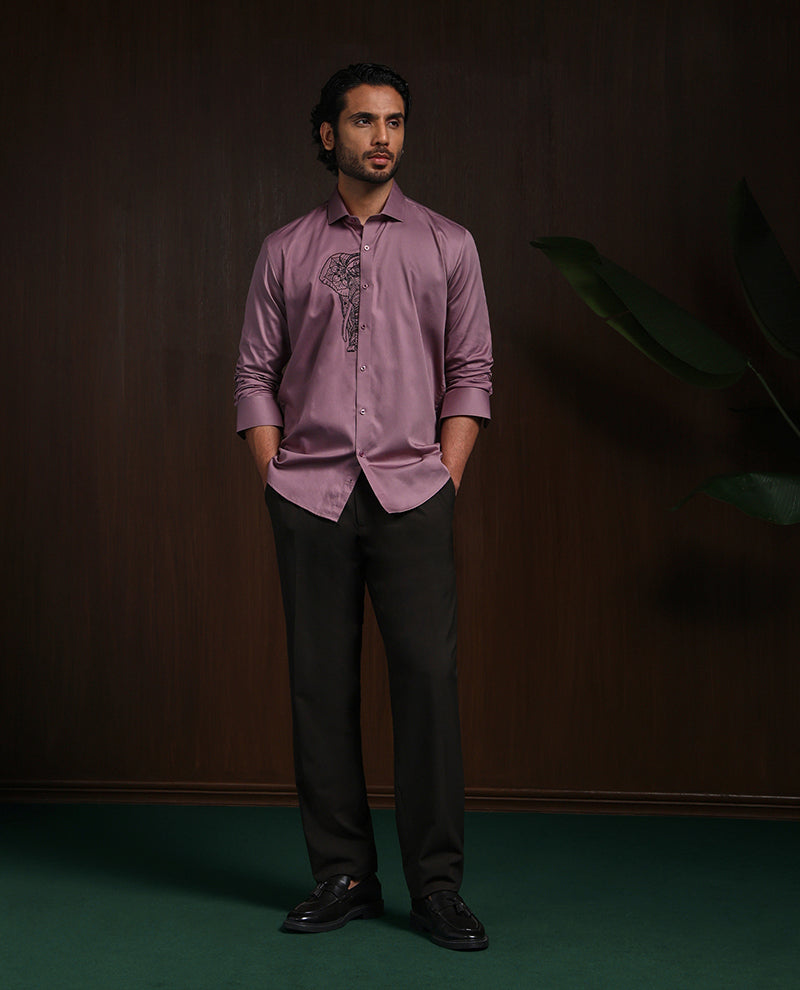 Dark Onion Slim Fit Cotton Shirt with Elegant Embroidery Accents