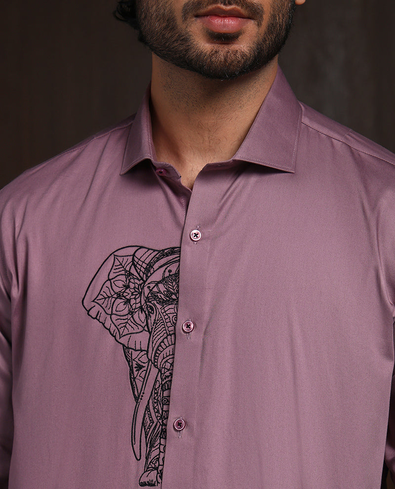 Dark Onion Slim Fit Cotton Shirt with Elegant Embroidery Accents