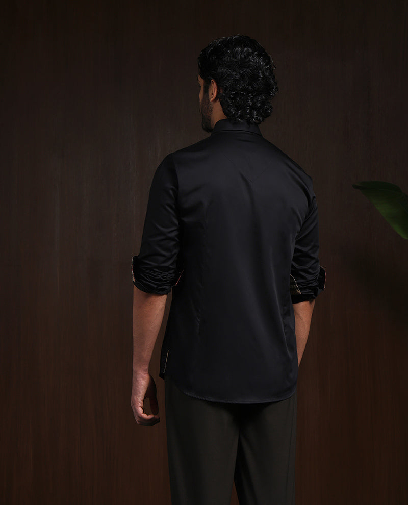 Black Slim Fit Cotton Shirt with Elegant Embroidery Detailing