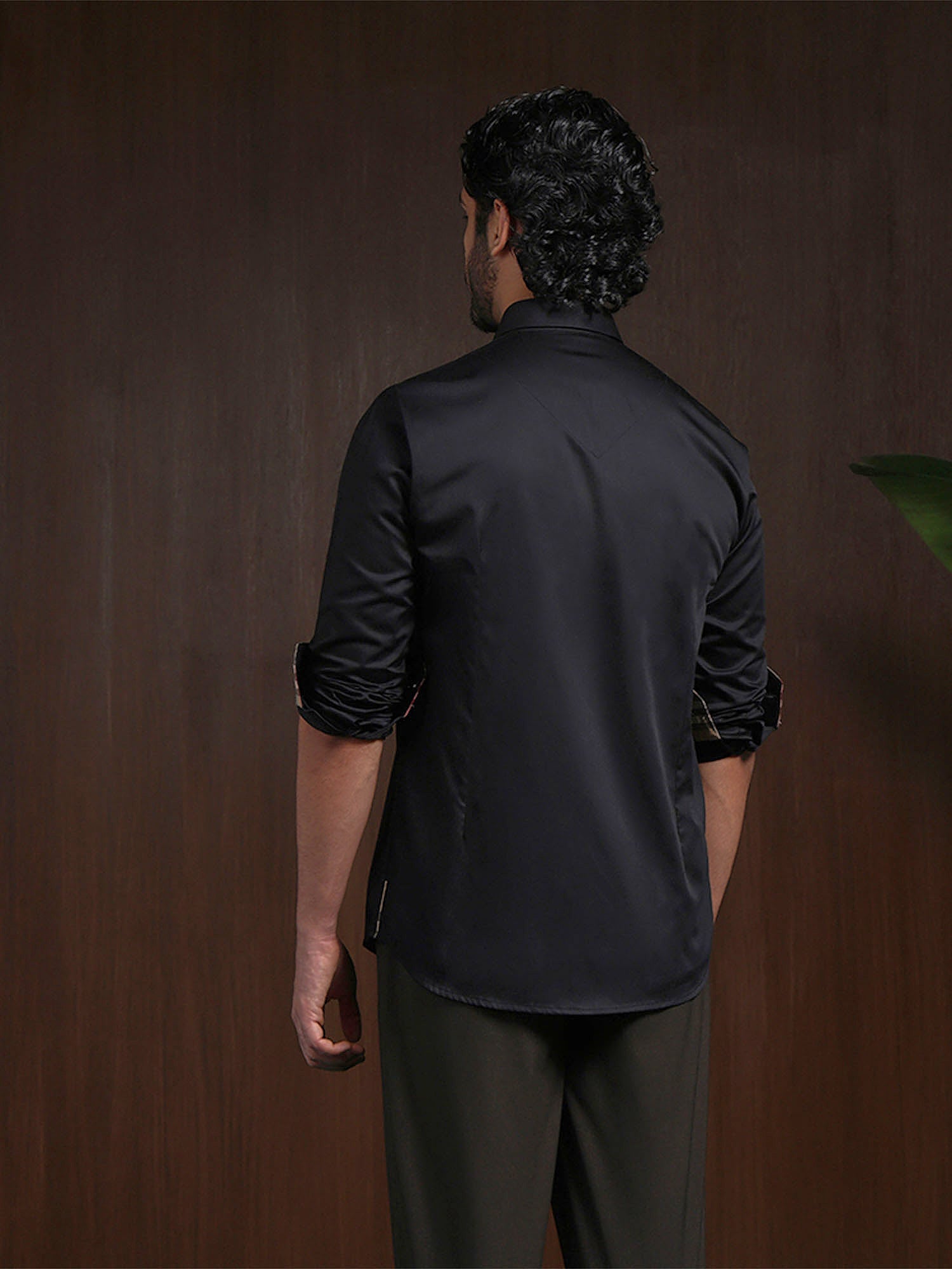 Black Slim Fit Cotton Shirt with Elegant Embroidery Detailing