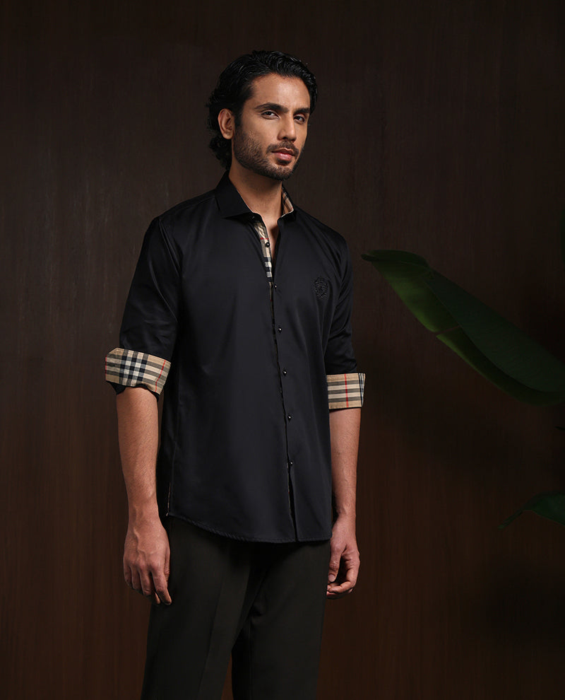 Black Slim Fit Cotton Shirt with Elegant Embroidery Detailing