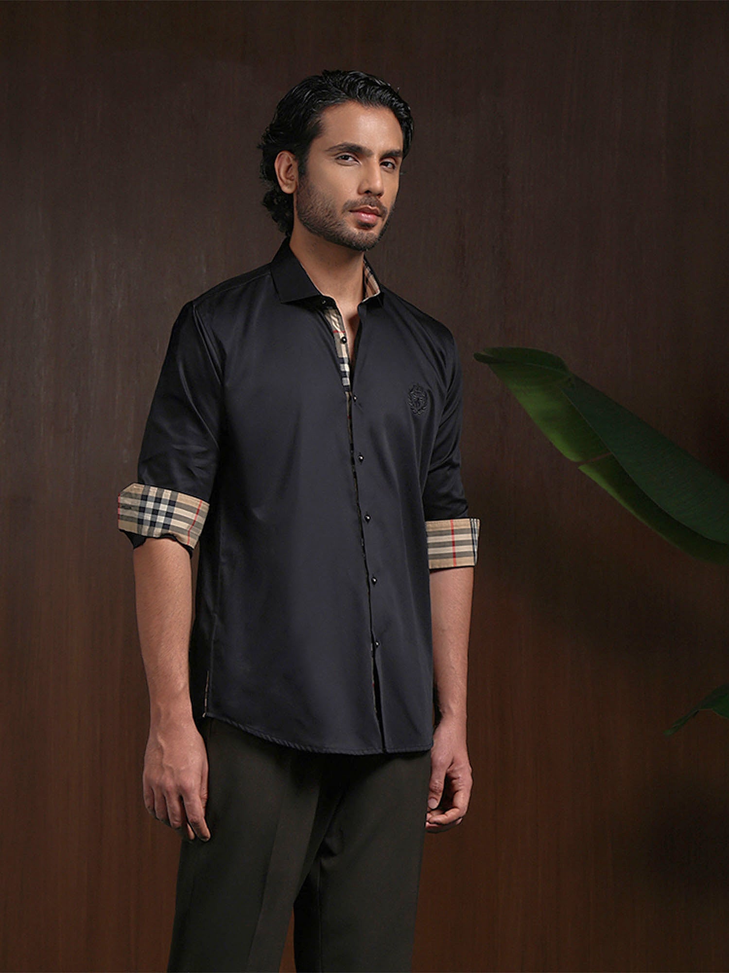 Black Slim Fit Cotton Shirt with Elegant Embroidery Detailing