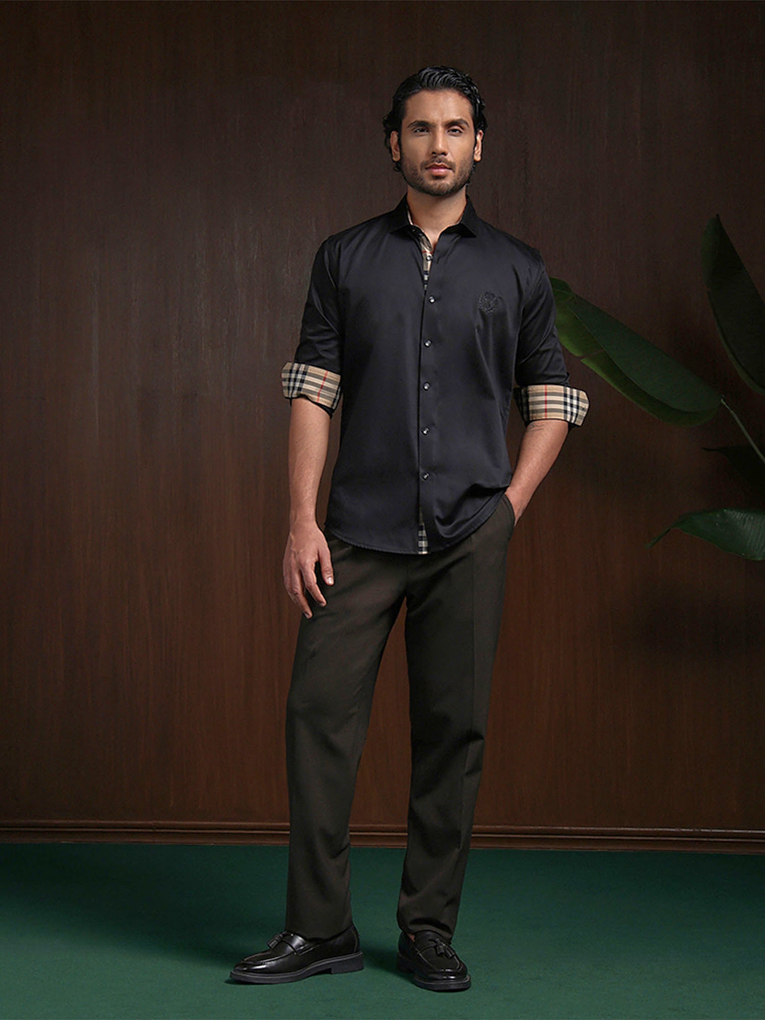 Black Slim Fit Cotton Shirt with Elegant Embroidery Detailing