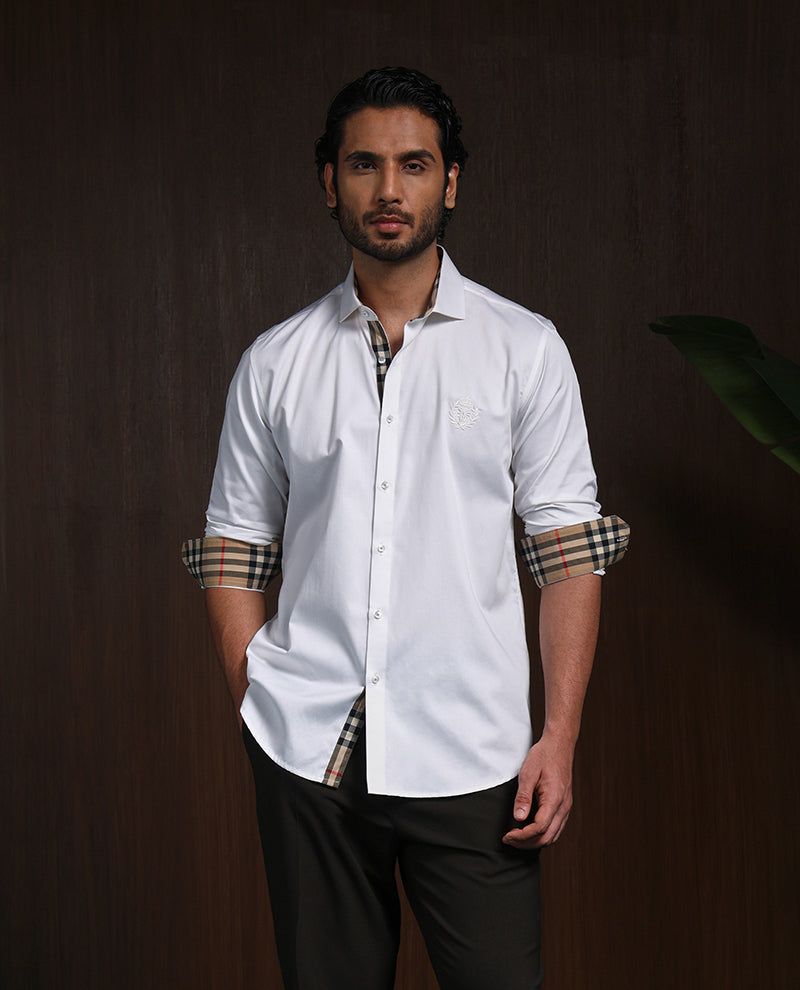 White Slim Fit Cotton Shirt with Refined Embroidered Detailing