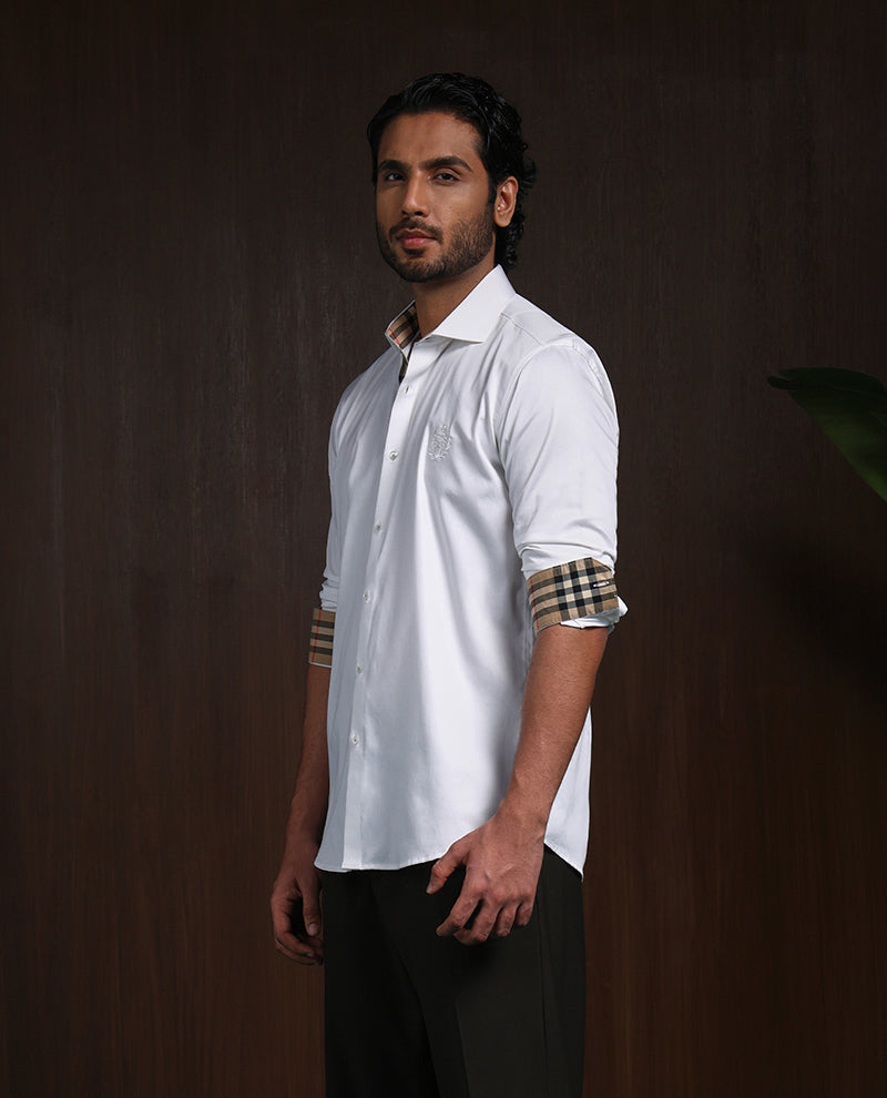White Slim Fit Cotton Shirt with Refined Embroidered Detailing