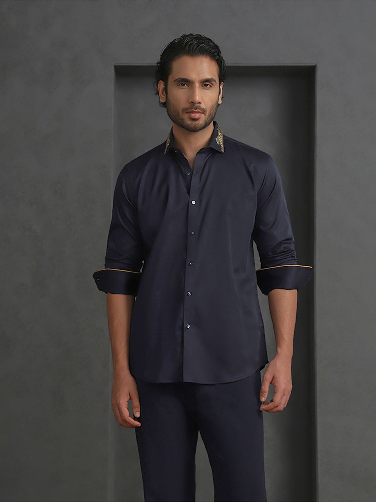 supima cotton dress shirts Navy Blue Slim Fit Supima Cotton Shirt with Striking Embroidery Detail