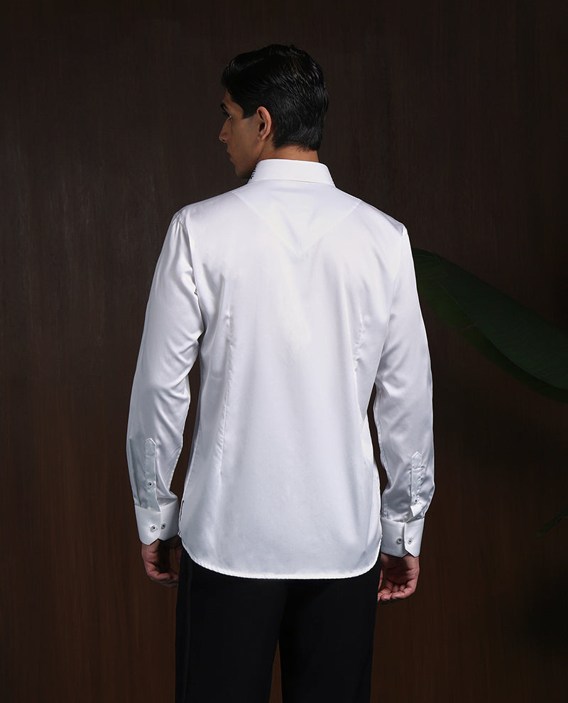 White Slim Fit Supima Cotton Shirt with Minimal Modern Embroidery