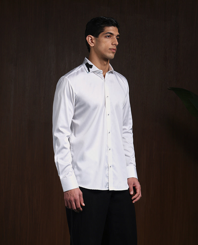 White Slim Fit Supima Cotton Shirt with Minimal Modern Embroidery
