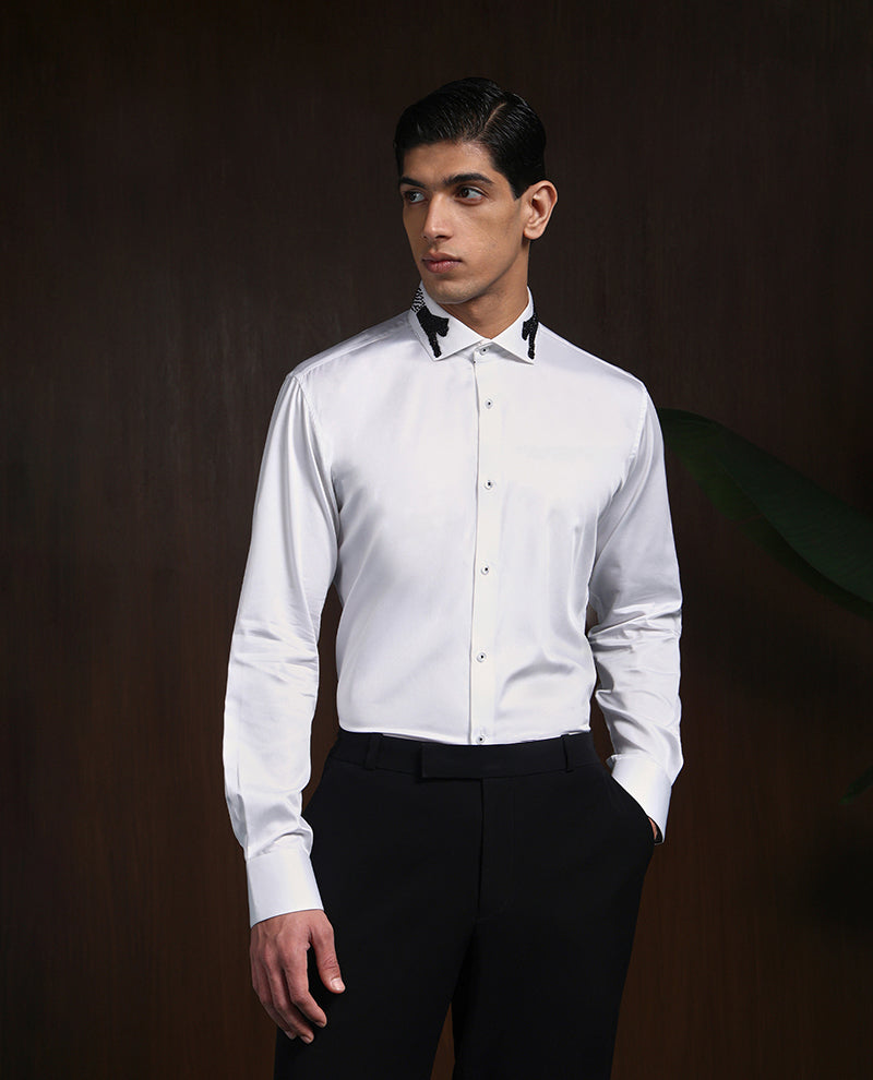 White Slim Fit Supima Cotton Shirt with Minimal Modern Embroidery