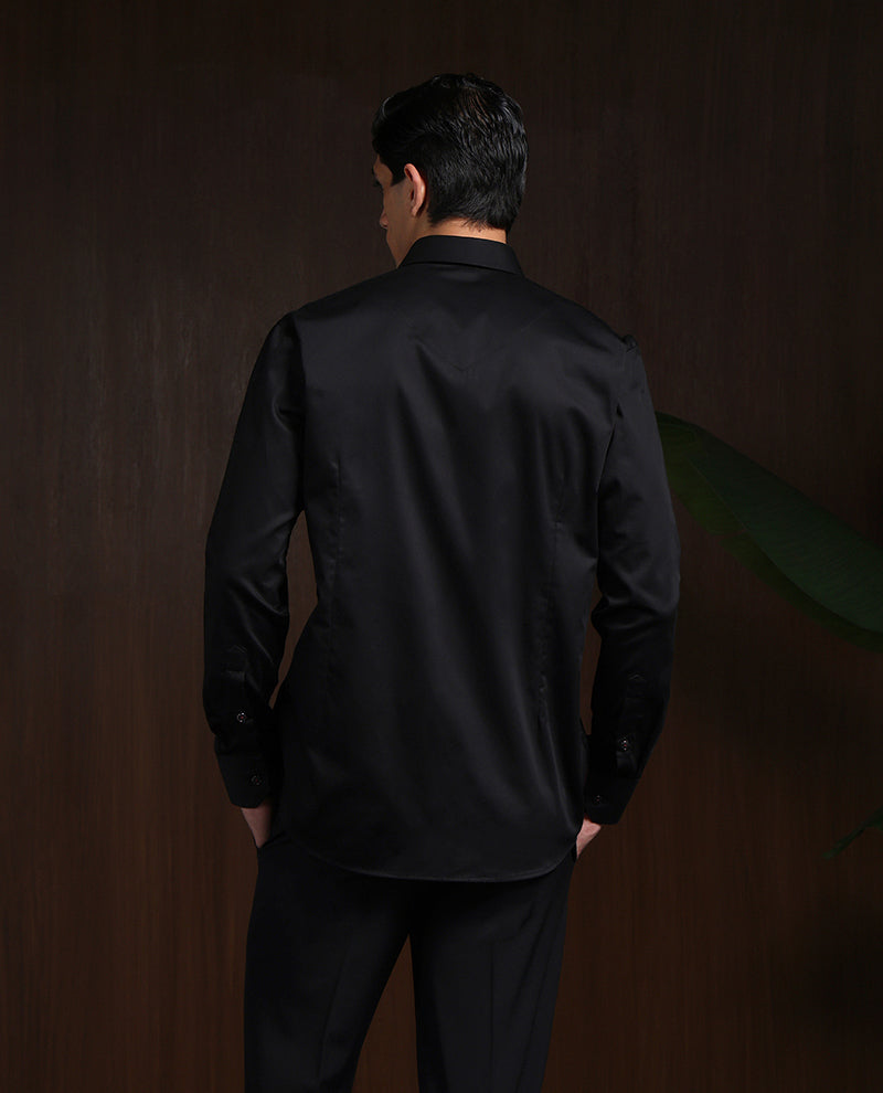 Black Slim Fit Shirt with Contemporary Embroidery Accents