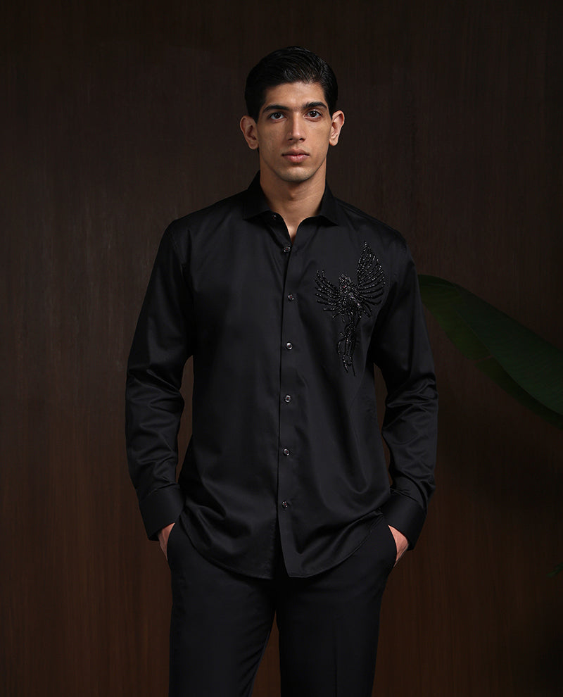 Black Slim Fit Shirt with Contemporary Embroidery Accents