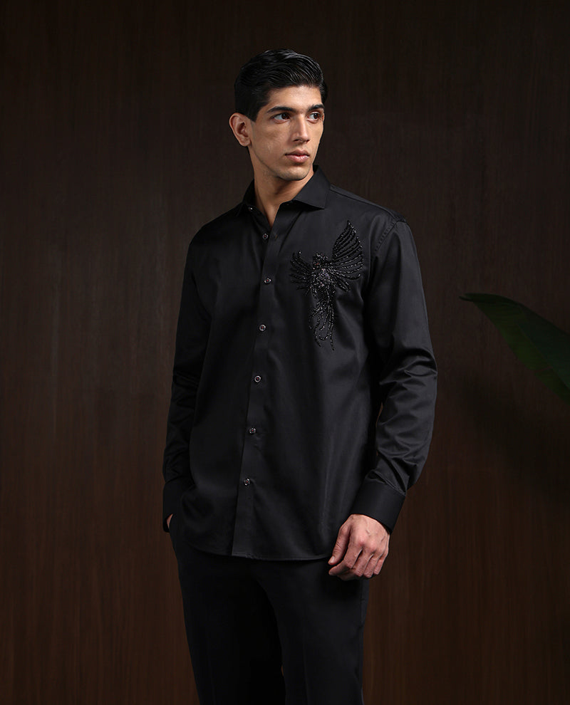Black Slim Fit Shirt with Contemporary Embroidery Accents