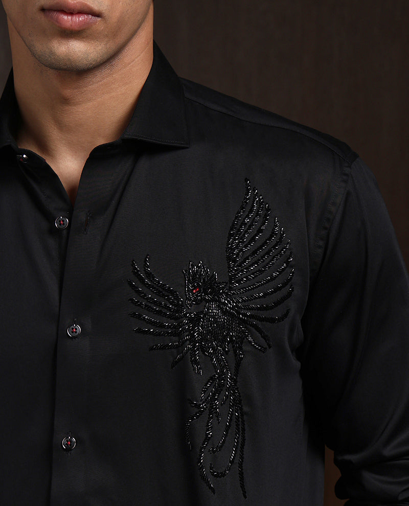 Black Slim Fit Shirt with Contemporary Embroidery Accents